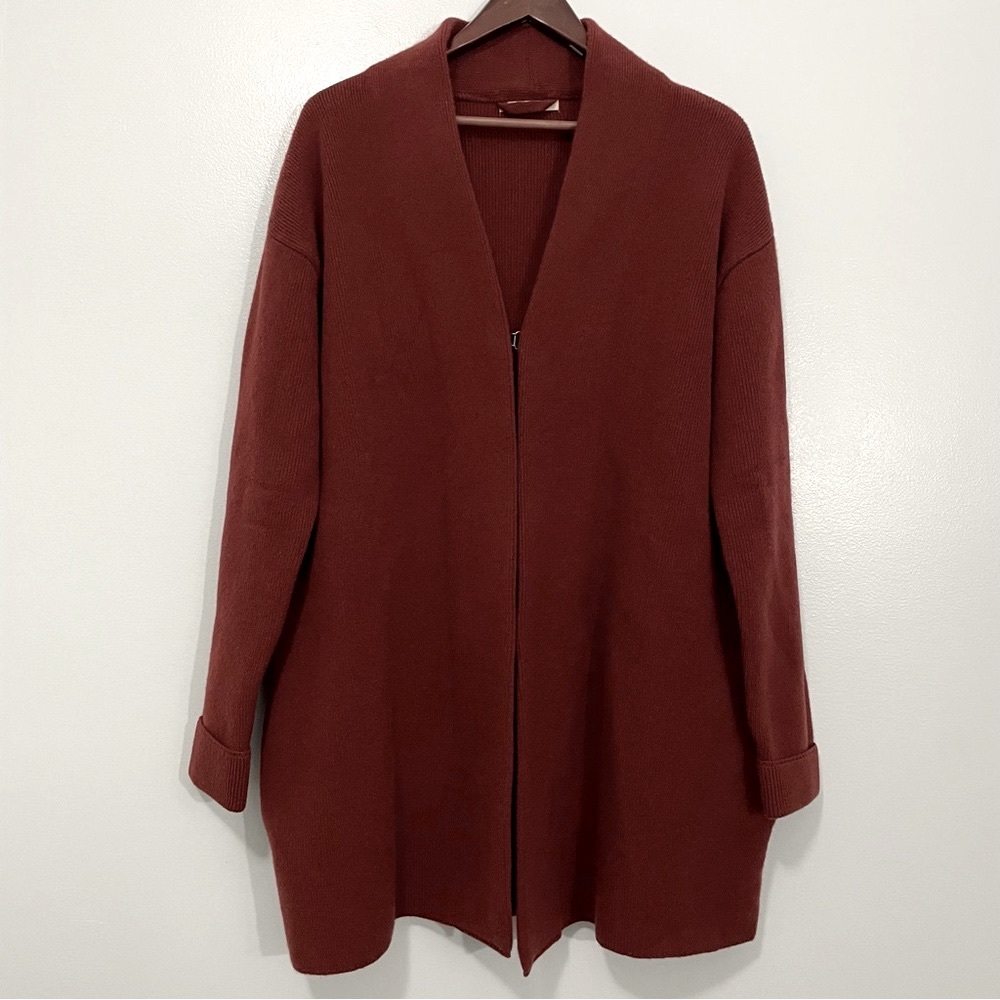 WoolOvers Rusty Red Wine Color Lambswool Long Cardigan Sweater Size M